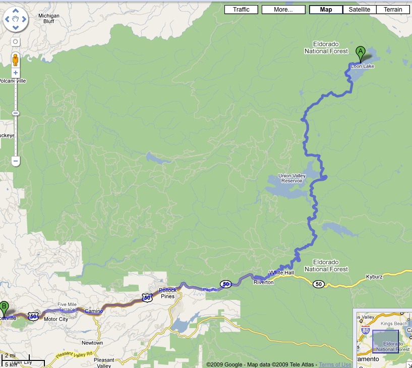Map of HWY 50 to Loon Lake route